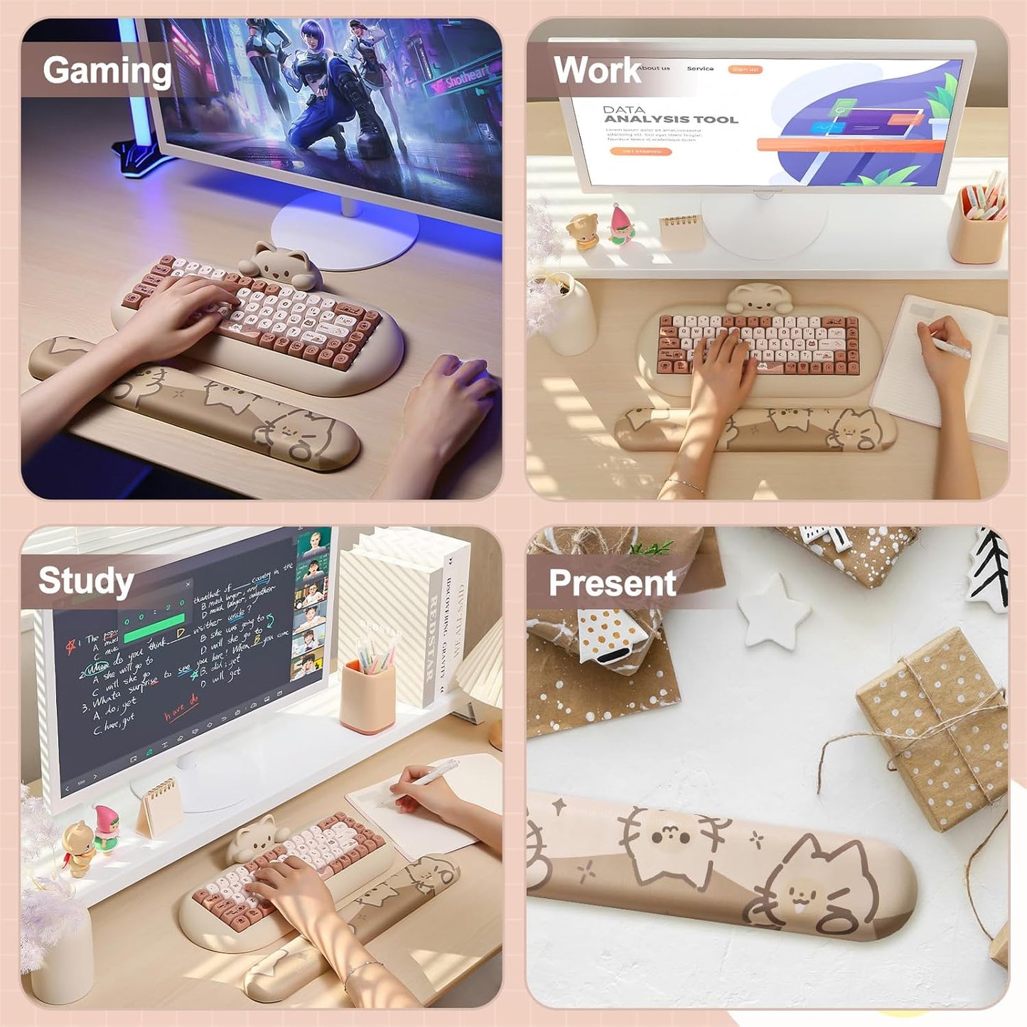 YUNZII Keyboard Wrist Support, Ergonomic Mouse Support for Typing Pain Relief, Slip Resistant PU Base, Cute Wrist Rest for Office Gaming Computer (Cat)