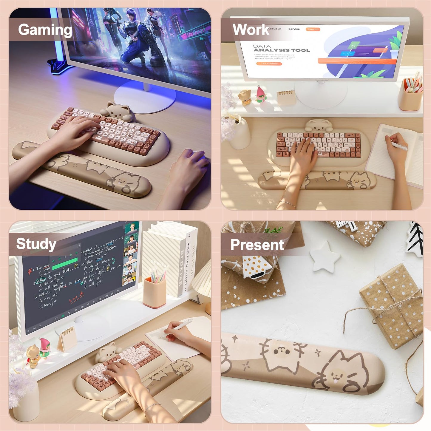 YUNZII Keyboard Wrist Support, Ergonomic Mouse Support for Typing Pain Relief, Slip Resistant PU Base, Cute Wrist Rest for Office Gaming Computer (Cat)