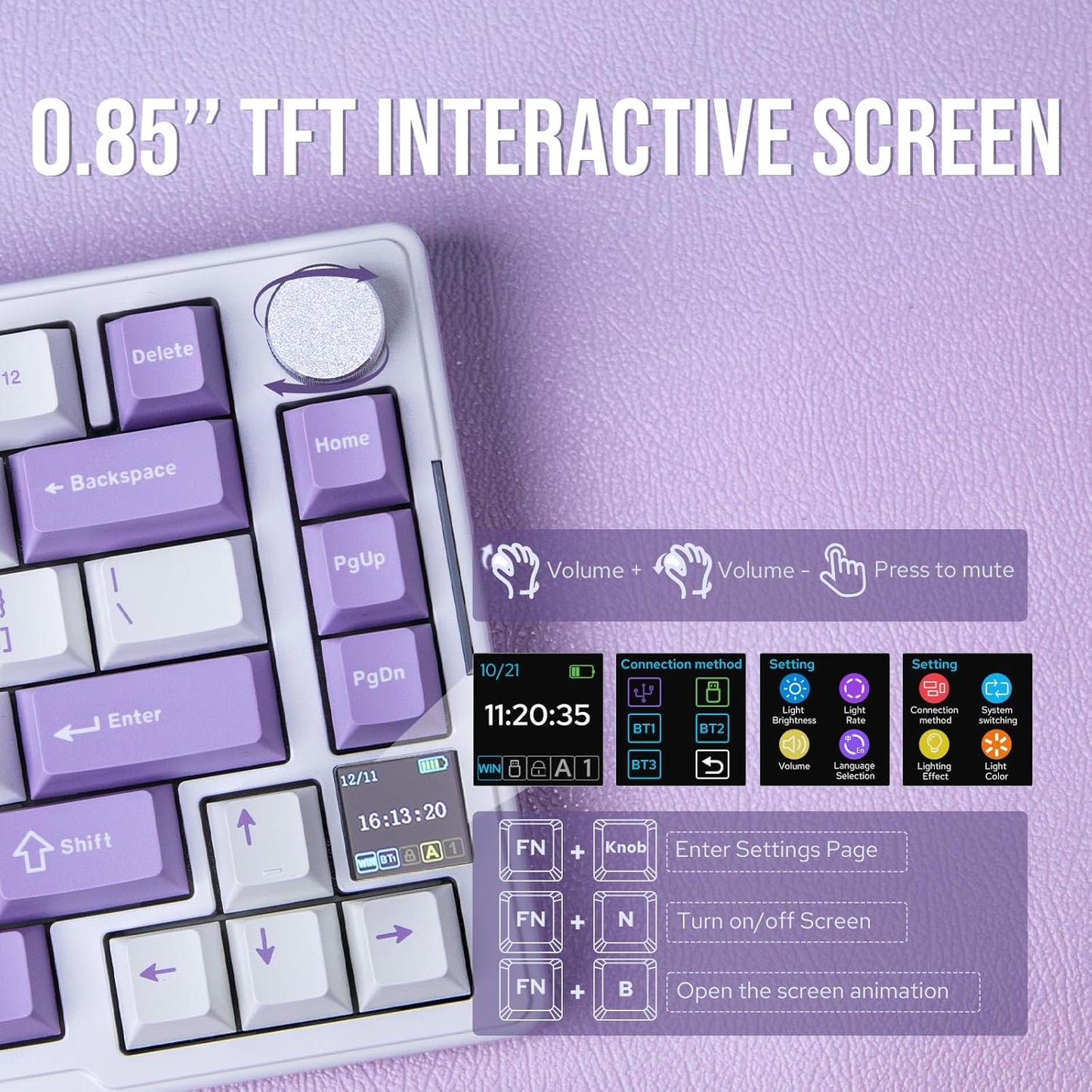 AJAZZ AKS075 Wireless Gaming Keyboard, Hot-Swappable Gasket Mechanical 75% Alice Keyboard with 0.85’ TFT Screen, BT5.1/2.4GHz/USB-C, 5000mAh Battery (White, Gift Switch)
