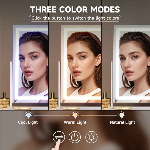 Hasipu Vanity Mirror with Lights, 23.6" x 18.1" LED Makeup Mirror, Light up Mirror with Smart Touch 3 Colors Dimmable, Brightness Adjustment, 360ยฐ Rotation (White)