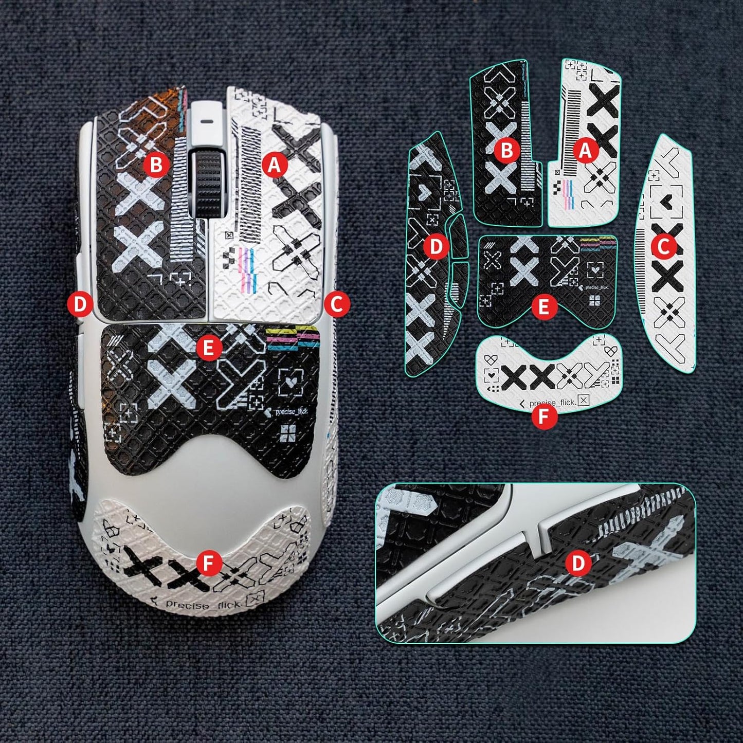 2-in-1 Mouse Grip Tape Set for Viper V3 Pro, Pre-Cut Gaming Mouse Grips, Black and White Pattern, Self-Adhesive