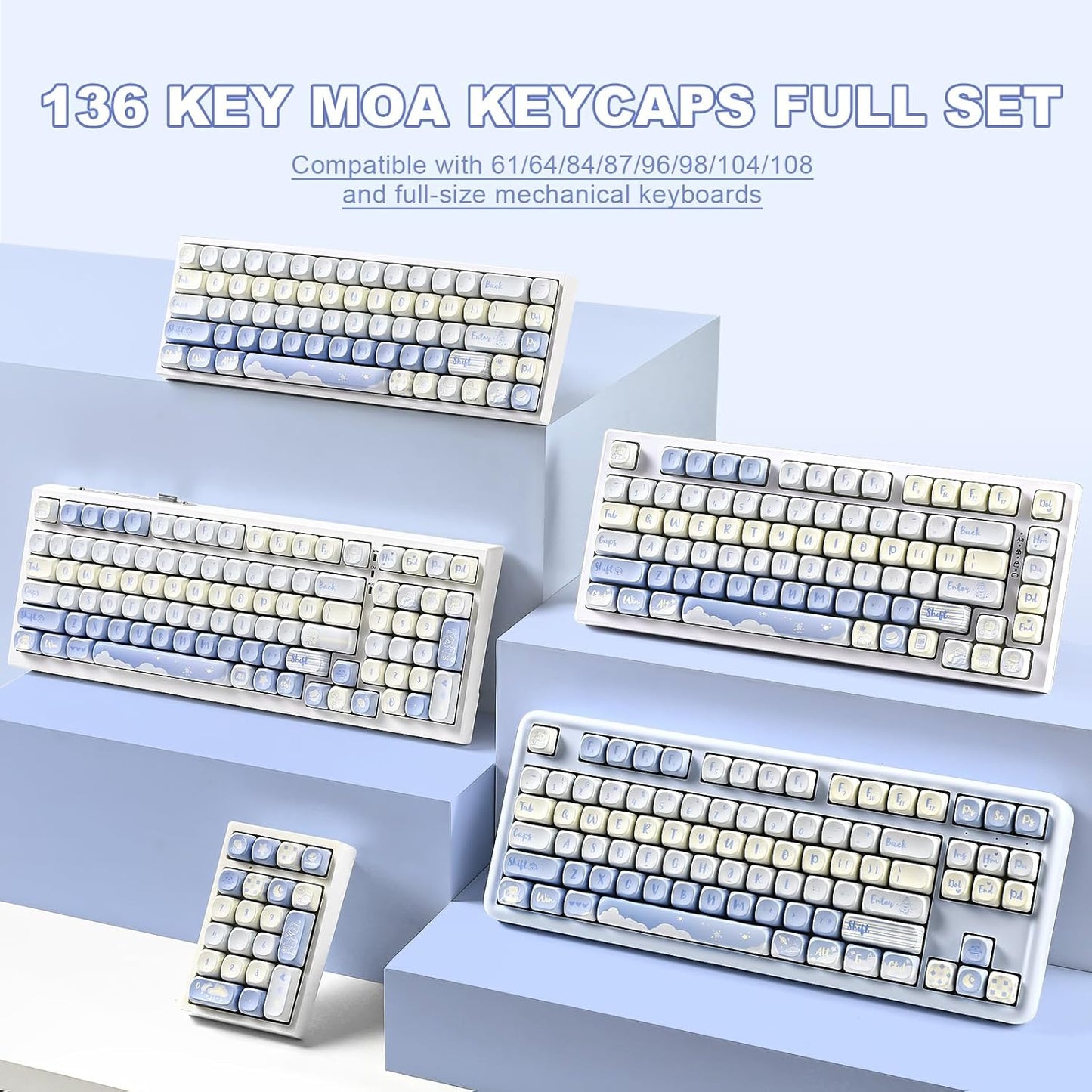 YUNZII 132 Keys MOA Keycaps, Dye-Sublimation PBT Custom Keycap Set for MOA Profile, Cute Bear Customized Pattern Keycaps for MX Switches Mechanical Gaming Keyboard (Blue)