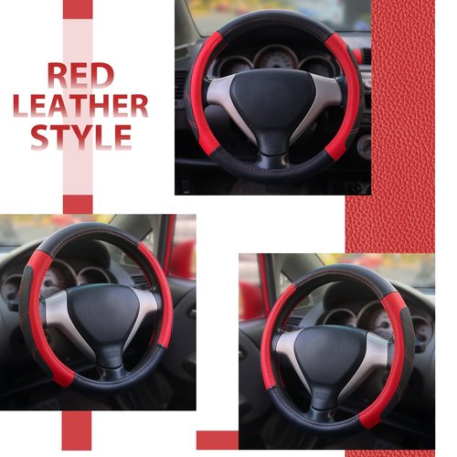 Elantrip Leather Steering Wheel Cover 14 1/2 to 15 inch Universal Padded Soft Grip Breathable for Car Truck SUV Jeep Anti Slip Black and Red