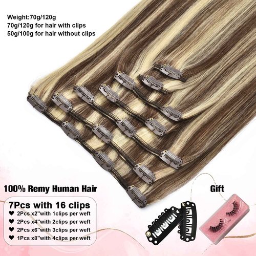 Clip in Hair Extensions Real Human Hair 16inch 120g 7Pcs Real Human Hair Clip in Extensions #P4/613 Medium Brown with Blonde Clips in Human Hair