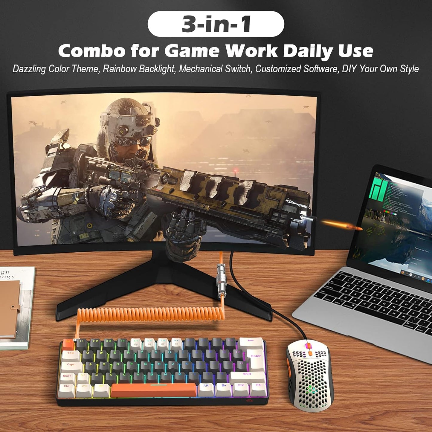 ZIYOU LANG RK-T60 Wired Mechanical Gaming Keyboard Mini Portable with Rainbow Backlit 62Key ABS Keycaps Full Anti-Ghosting Ergonomic Design Coiled Aviator Cable for PS4/PC/WIN Gamer(Blue/Red Switch)
