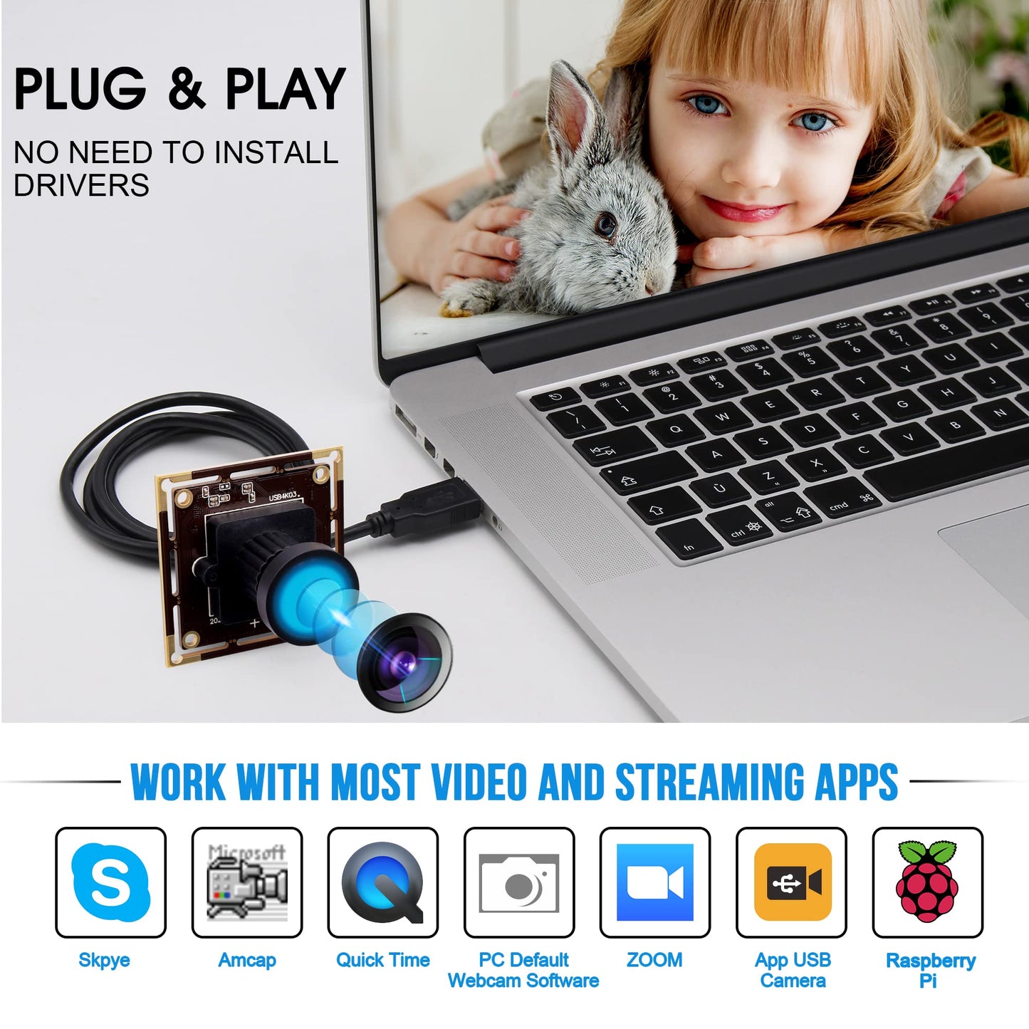 4K USB Camera Module with 110 Degree Wide Angle No Distortion Lens 2160P Ultra HD USB Camera Board for Computer and Raspberry Pi Industrial Lightburn Camera Plug and Play for Windows Linux Jetson Nano