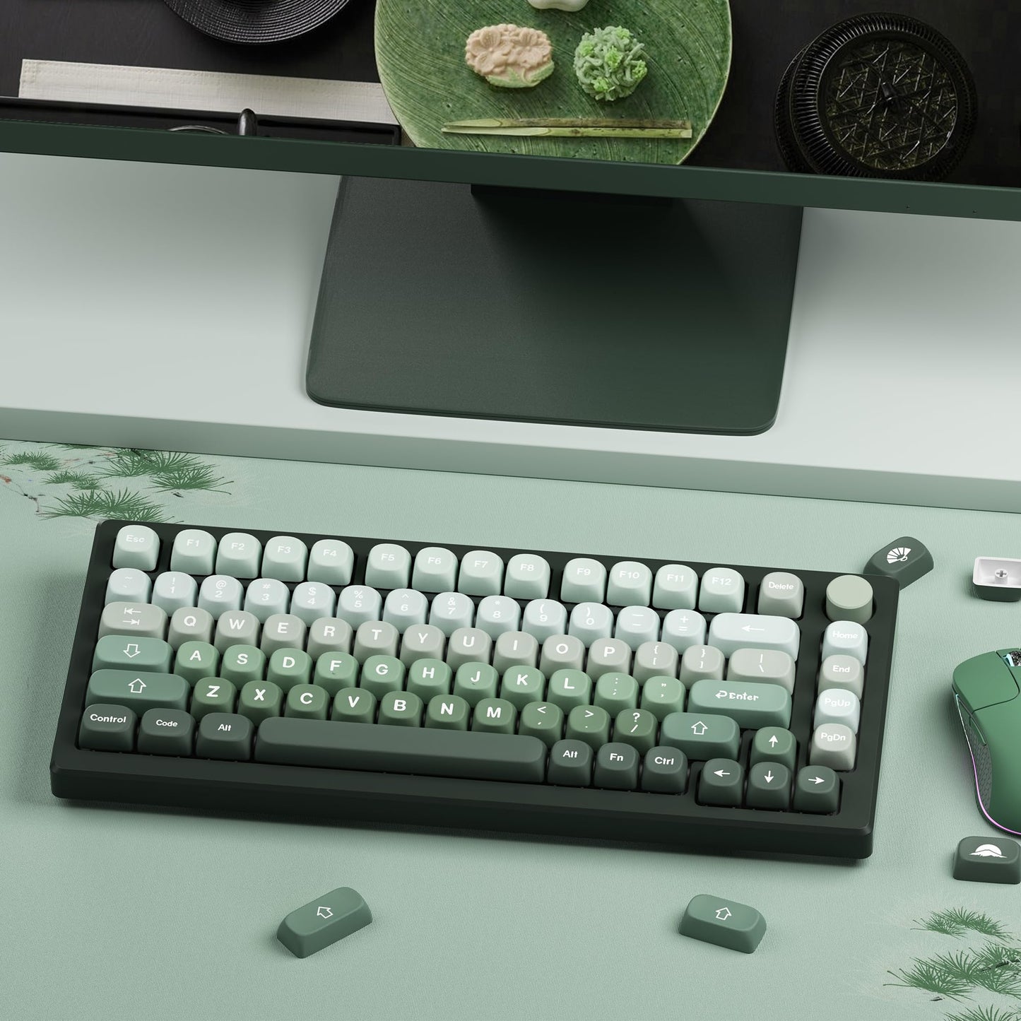XVX Matcha Wagashi PBT Keycaps - Custom Keyboard Keycaps 60 75 100%, 5 Side Dye Sublimation, 132 Keys Set for Cherry Gateron MX Switches, Gradient Green