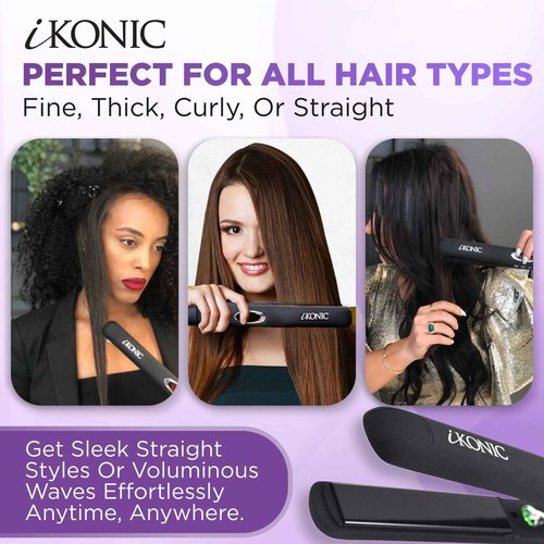 IKonic 100% Tourmaline Ceramic Hair Straightener & Curler– Anti-Static Infrared Ionic 2-in-1 Dual Voltage Flat Iron –1” Floating Plates, Adjustable Temp 140–450°F, Frizz-Free & Fast Heat Hair Iron