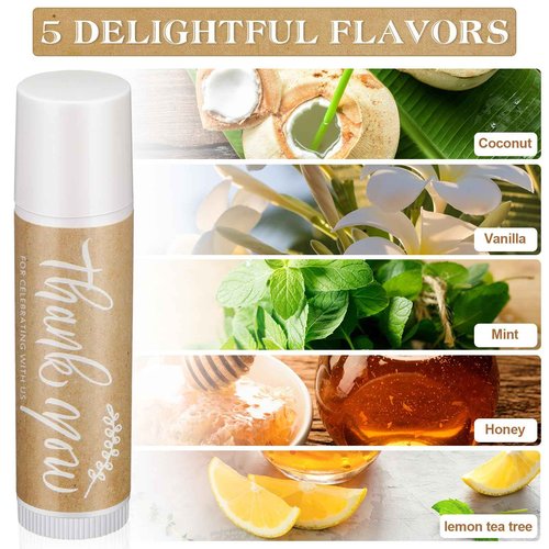 Leelosp Wedding Thank You Lip Balm Bulk Small Natural Moisturizing Mini Balm Lip Care Product Include Organza Bag and Appreciation Card for Women Baby Shower Favors, 5 Fragrance (100 Sets)