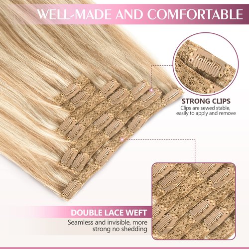Fimislosion Real Hair Extensions Clip in Human Hair, Seamless Clip in Hair Extensions Real Human Hair, 18 Inch Clip ins extensions for women, Honey Blonde With Bleach Blonde 120G 7Pcs