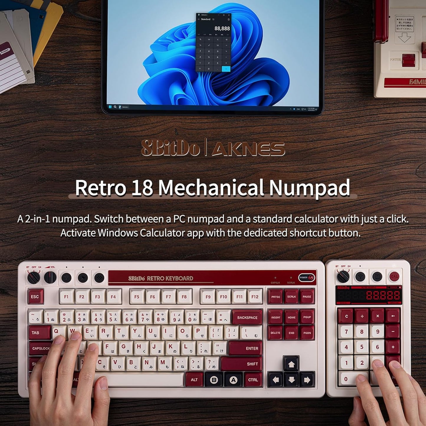 AKNES 8BitDo Retro 108 Mechanical Keyboard, Hot Swappable Gaming Keyboard with 108 Keys, Integrated Numpad, Dual Super Buttons, Bluetooth/2.4G/USB-C for Windows & Android - Fami Edition