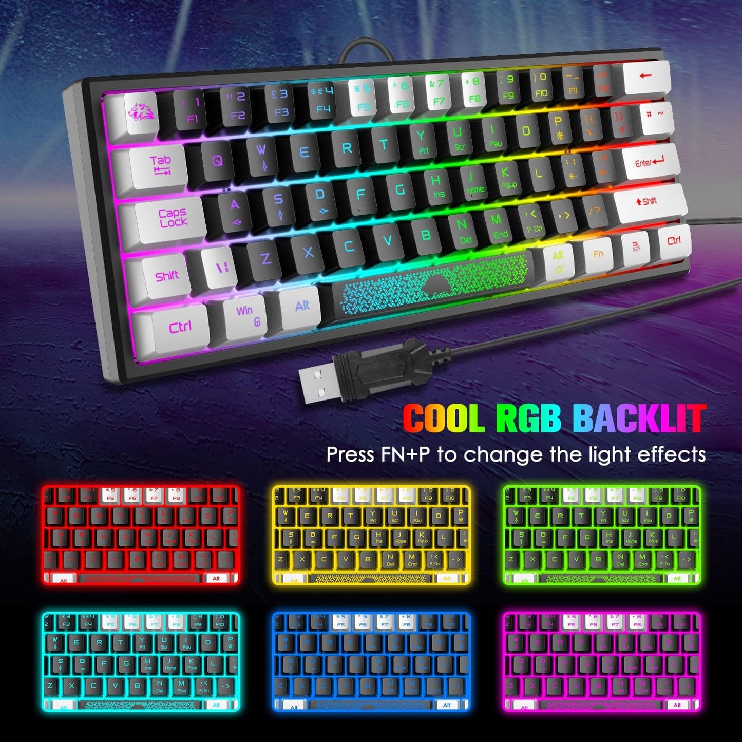 60% Gaming Keyboard and Mouse Combo Small Mini RGB Backlight Mechanical Feeling and Mechanical RGB 6400 DPI Honeycomb Optical Mouse,Gaming Mouse pad for Gamers and Typists Black