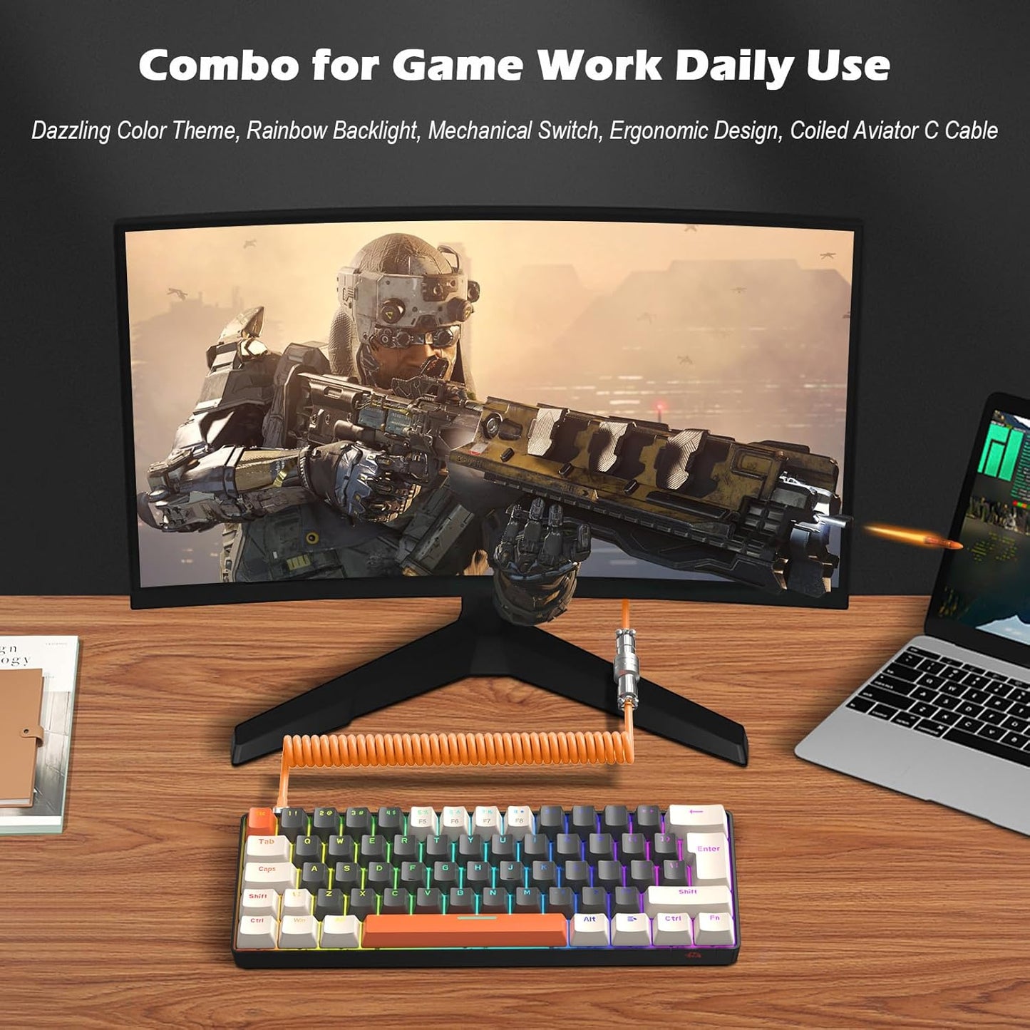 ZIYOU LANG RK-T60 Wired Mechanical Gaming Keyboard and Mouse Combo Portable with Rainbow Backlit 62Key NKRO 6400DPI RGB Honeycomb Mice Coiled Aviator Cable for PS4/PC/WIN Gamer(Dark Gray/Blue Switch)