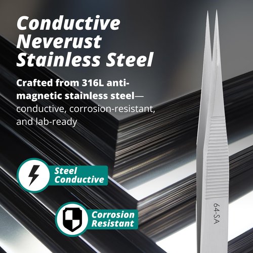 Excelta 64-SA Precision Tweezers, Straight Fine Tip, 4.75" Anti-Magnetic 316L Neverust Stainless Steel, Serrated Handle, ESD-Safe, Swiss-Made Tool for Electronics, Lab Use, Cleanroom & Forensics
