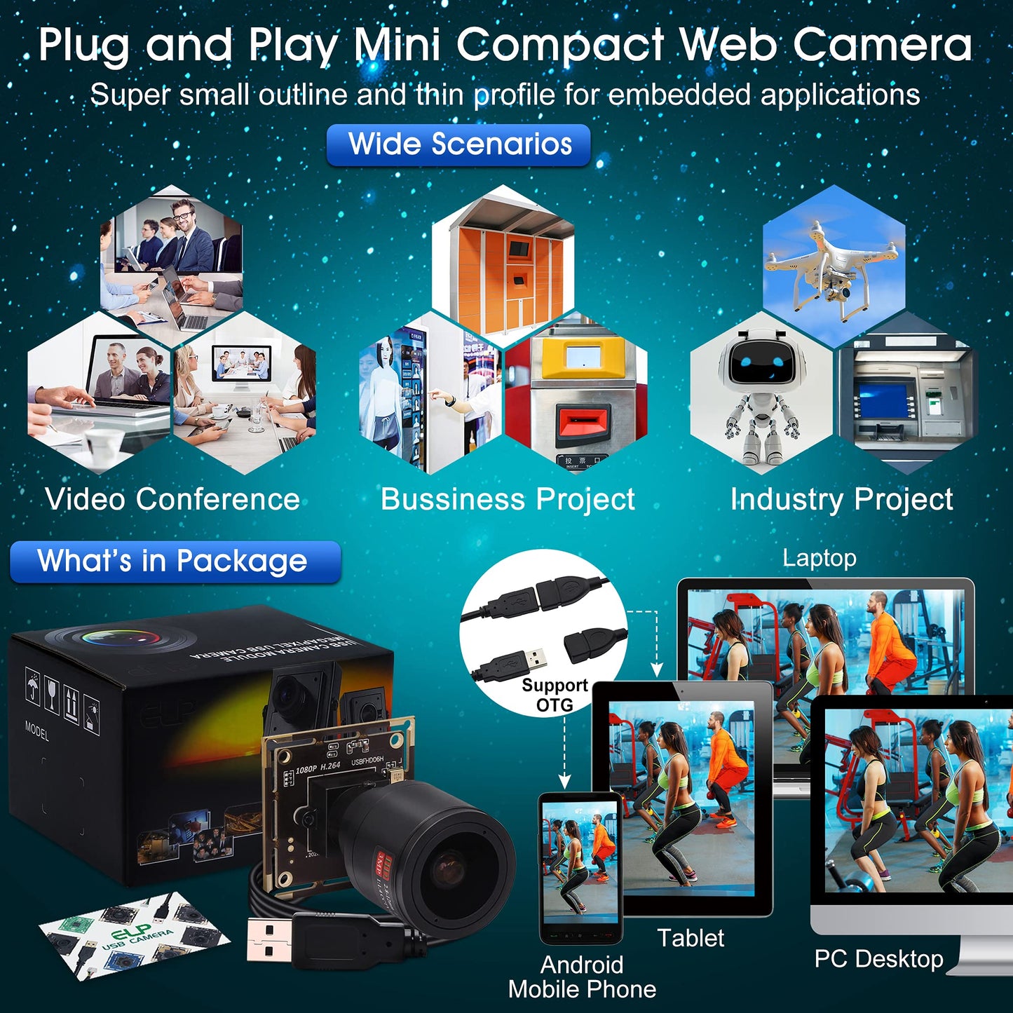 ALPCAM 1080P USB Camera Module, 0.01Lux Low Light Camera with 2.8-12mm Varifocal Lens H.264 2MP CMOS IMX323 UVC Industrial Webcam Board for Window Linux Android Mac OS