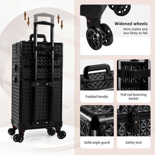 JINGUAN 3 in 1 Rolling Makeup Train Case Professional Large Cosmetic Trolley Cosmetology Case on Wheels Traveling Cart Trunk for Hairstylist Artist Nail Beauty Salon Barber, Black