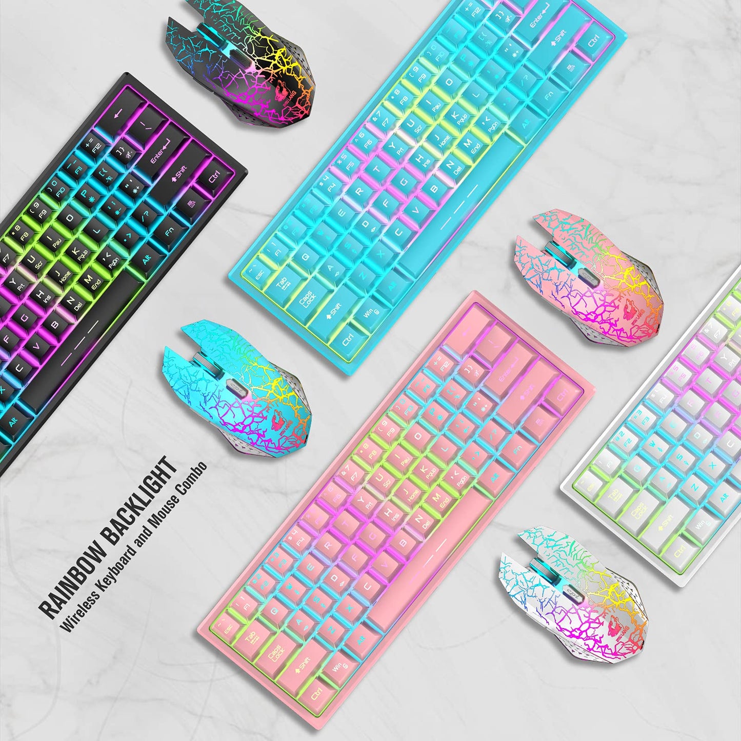 ZIYOU LANG T61 Wireless Gaming Keyboard and Mouse Combo with Ergonomic 61 Key Rainbow LED Backlight Anti-ghosting Mechanical Feel Rechargeable 4000mAh Battery Mouse Pad for PC MAC Gamer Typists(White)