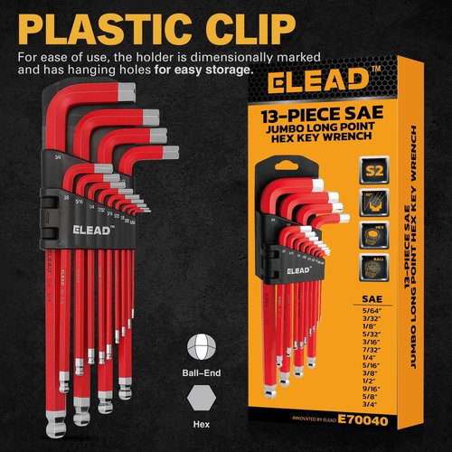 ELEAD Jumbo Hex Key Allen Wrench Set | 13-Piece SAE 5/64"-3/4" | Long Ball End Durable S2 | Automotive | Mechanic | Furniture | Professional Grade Tools