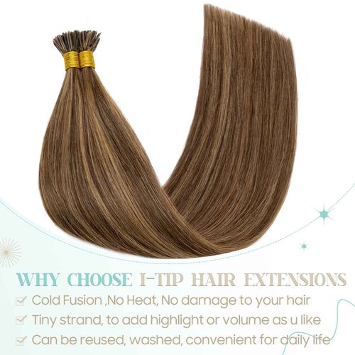 S-noilite Pre bonded I Tip Human Hair Extension for Women 100Strands 50Gram Fusion Stick Tip Remy Human Hair Piece Invisible Keratin Glue K Tip 22Inch #4P27 Medium Brown highlight Dark Blonde