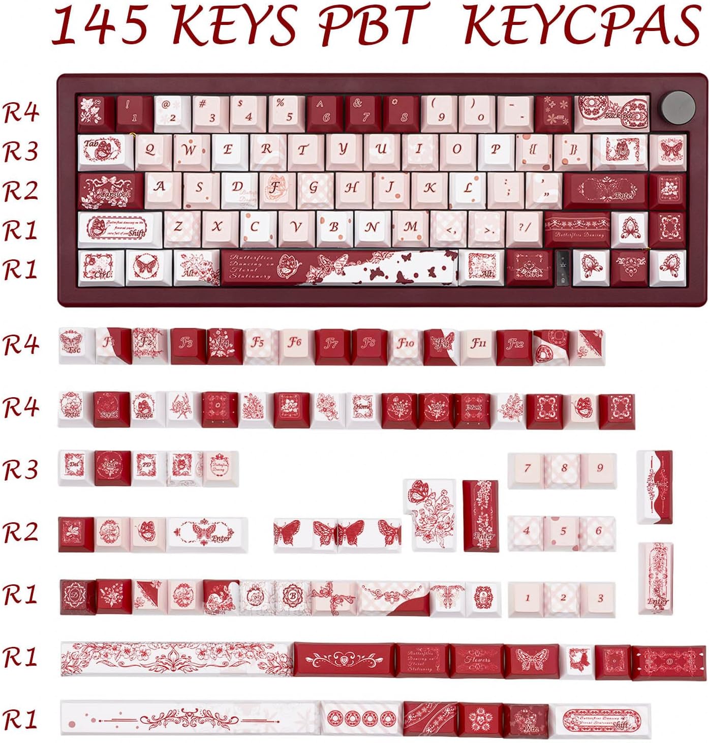 145 Keys PBT Keycap Cherry Profile, Light Blue White Black Bow Aesthetic Dye Sublimation Gaming Custom Keycaps for ANSI/ISO Layout Mechanical Keyboards