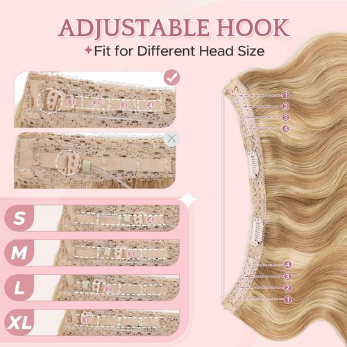 SEGO Halo Hair Extensions, Wavy Adjustable Invisible Wire Extensions, Real Human Hair, 2 Clips for Women Transparent Fish Line Extensions, Add Length Volume, 16 inches, Gold Blonde Mixed Bleach Blonde