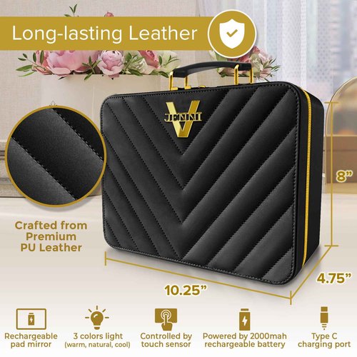 JENNI V Upscale PU Leather Makeup Bag with Light Up Mirror, 3 Brightness Settings, Adjustable Dividers - Replace Your Bulky Vanity While On the Go - Chic Travel Makeup Case Box - Makeup Organizer Bag