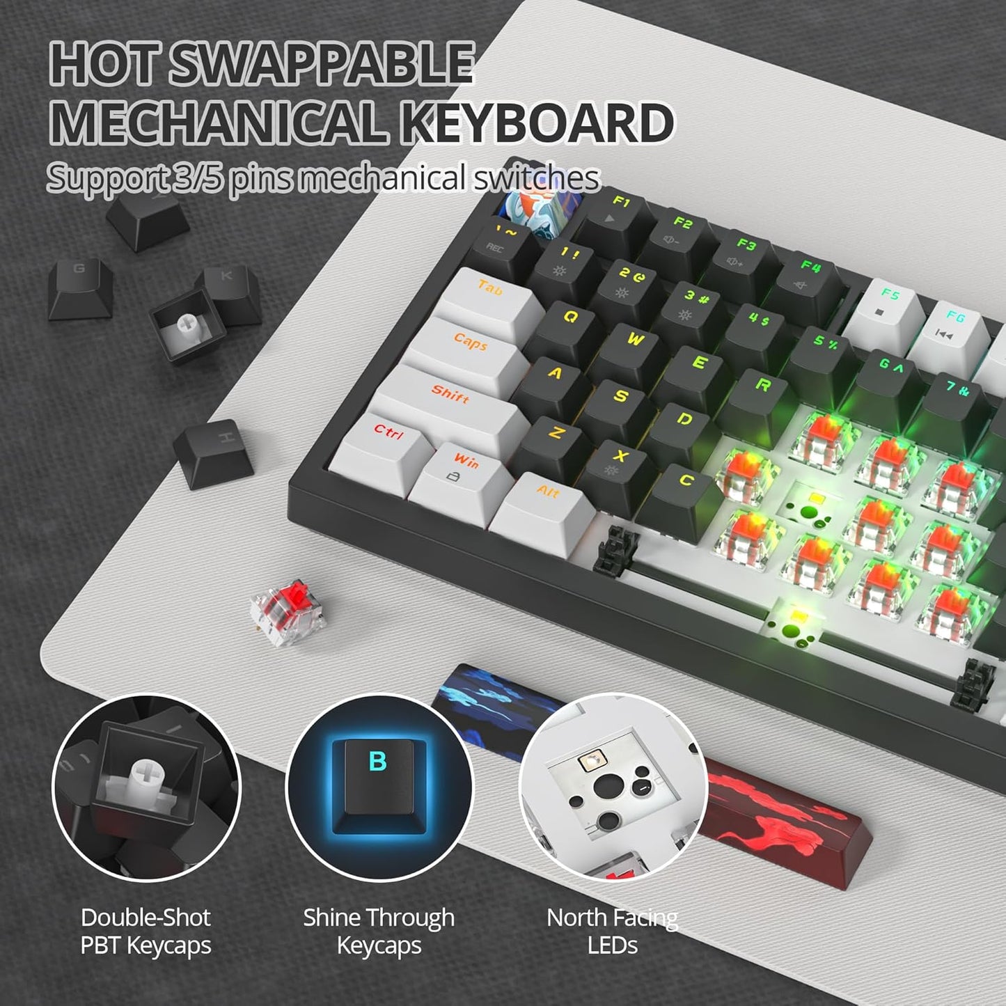 75% Mechanical Gaming Keyboard with Volumn Knob, Gasket Hot Swappable RGB, Wired, Red Switch, 82 Keys Compact Creamy (Black Grey)
