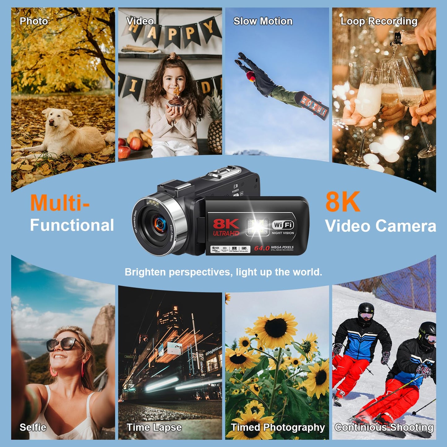 8K 64MP Video Camera Camcorder IR Night Vision Vlogging Camera 18X Zoom WiFi Digital Camera for YouTube 3.0'' Touch Screen Camcorder with 64GB SD Card, 2 Batteries, Remote Control, Mic and Stabilizer