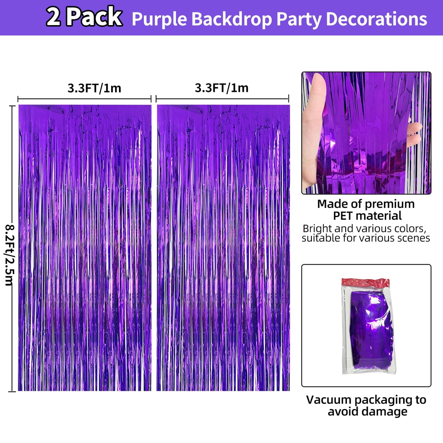 2 Pack Purple Tinsel Backdrop Party Decorations 3.3x8.2ft, Foil Fringe Curtains Door Streamers for Birthday Balloons Decor, Purple Backdrop for Wedding Baby Shower Graduation Christmas Halloween