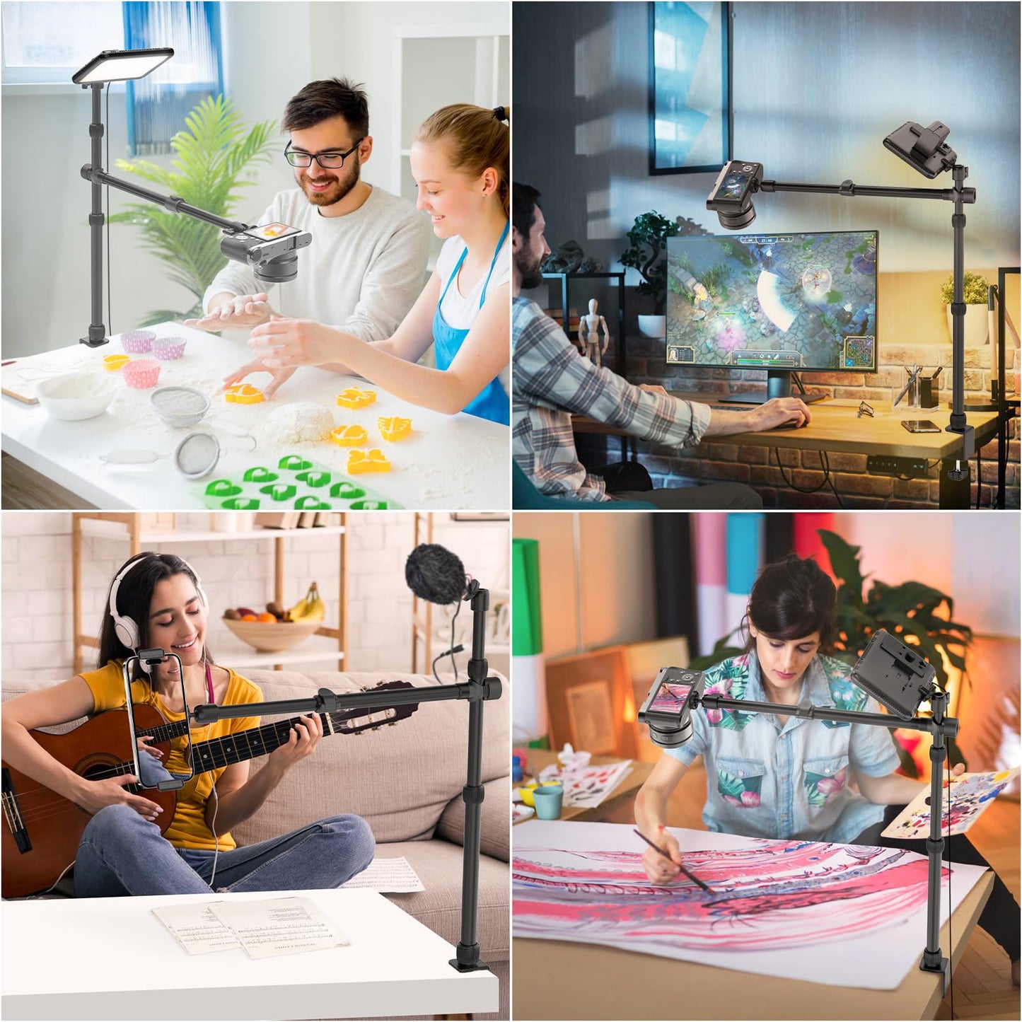 ailight Overhead Camera Mount Desk Stand, Webcam Mount with 2-Section Adjustable Telescopic Boom Arm, Tabletop C Clamp for DSLR Camera, Ring Light, Live Streaming, Photo Video Shooting