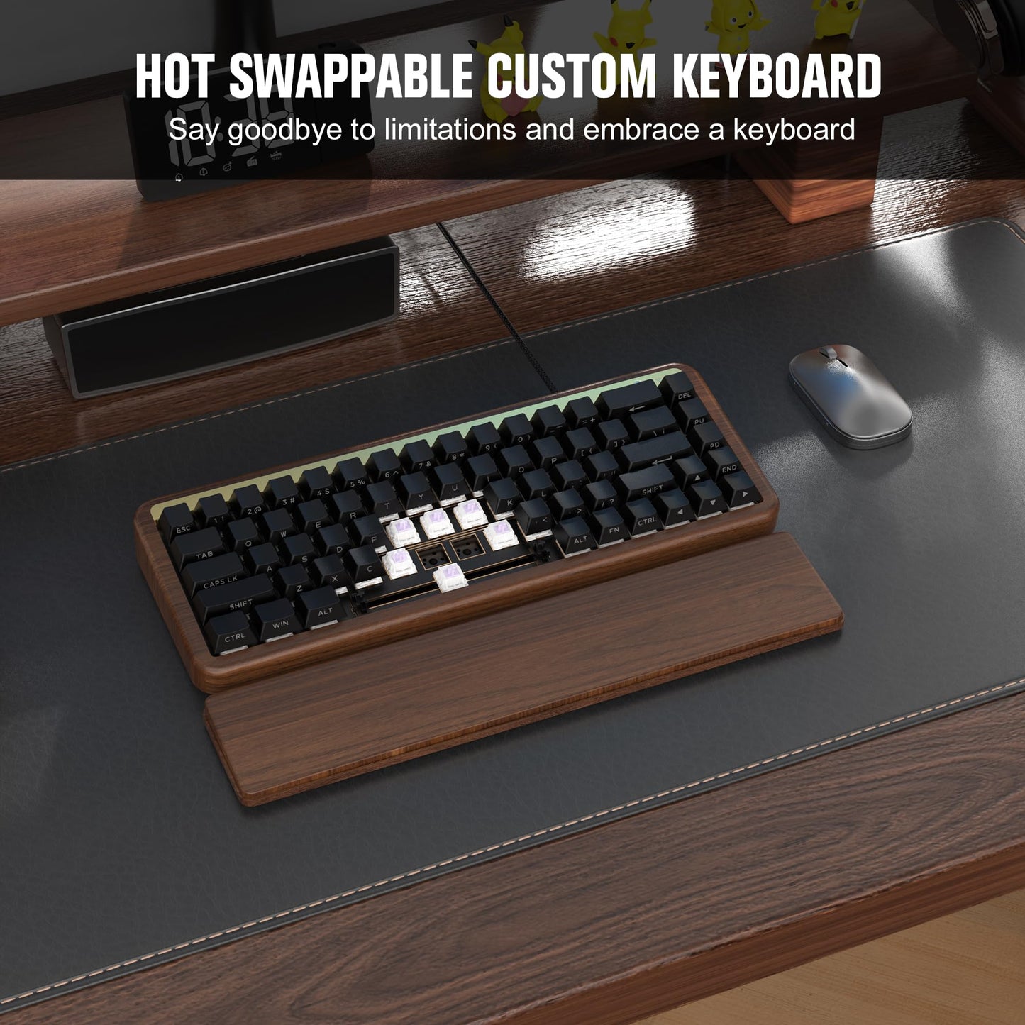 XVX M68 60% Mechanical Keyboard with Walnut Wooden Case, Gasket-Mounted Retro Gaming, Pre-lubed POM Switches, Hot Swappable Custom Wired, RGB Backlit, Cherry Profile
