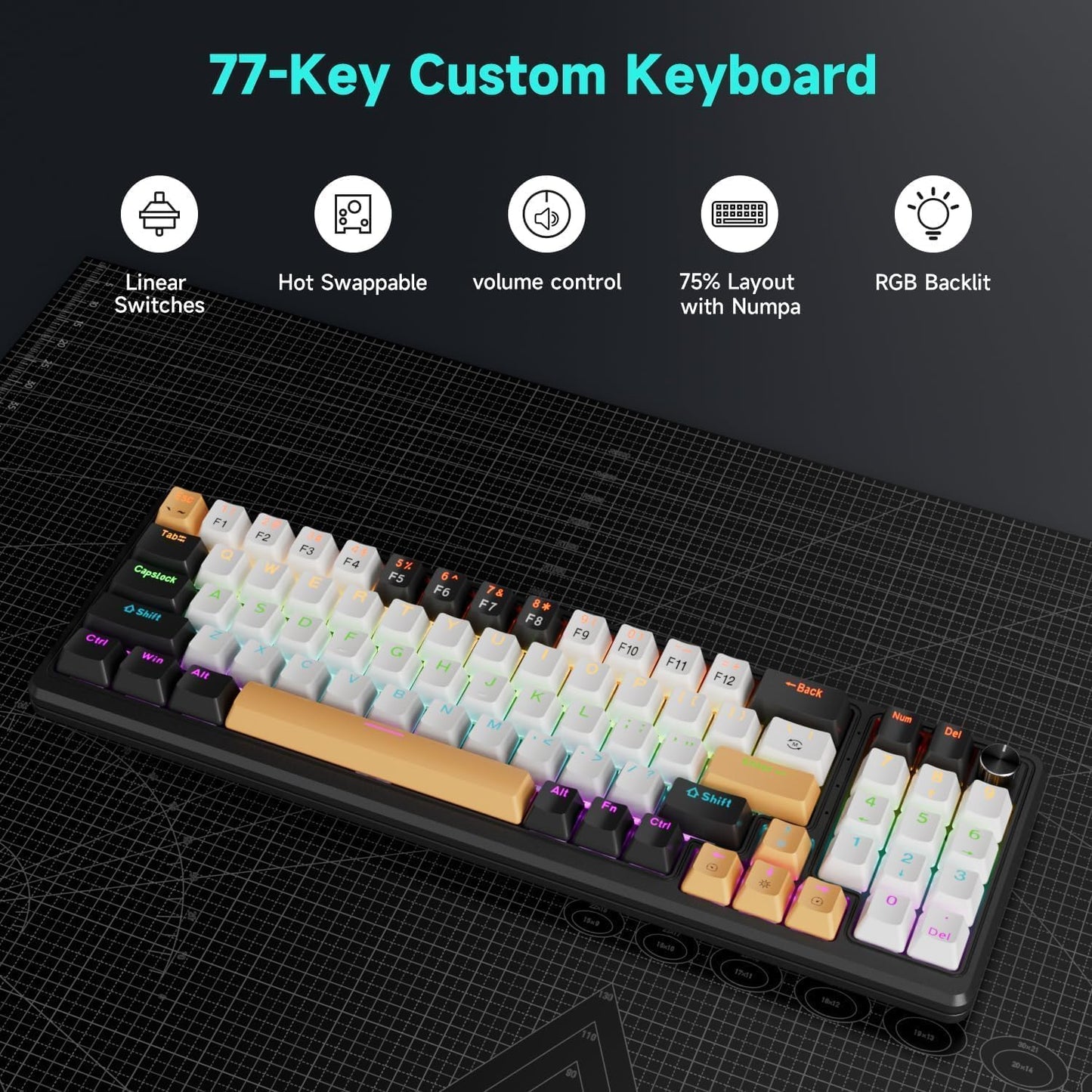 75% Mechanical Gaming Keyboard Wired, 77 Keys Anti-Ghosting, Hot Swappable Red Switch & Ergonomic Design, Rainbow LED Backlit Mechanical Keyboard for PC, Laptop, Gaming, Office