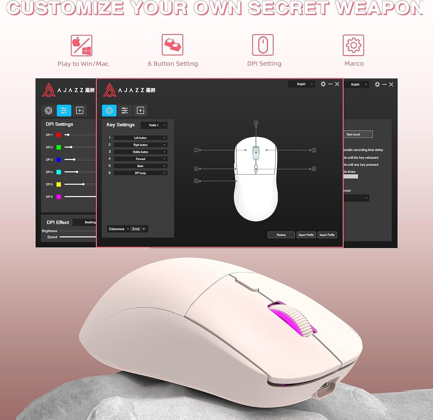 AJAZZ AJ199 Wireless Gaming Mouse,59G Ultra Lightwieght-Huanuo Micro Switch-26K PAW3395 Sensor-40Hrs Battery Life-2.4G/USB-C Mouse Gaming -Wireless Computer Mouse 6 Programmable Buttons,100% PTFE Feet