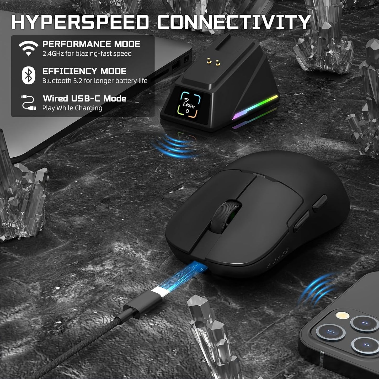 AJAZZ AJ159 APEX Wireless Gaming Mouse with Magnetic Charging Base, 56g Lightweight BT/2.4G/USB-C Wired Mouse, PAW3950APEX 42K DPI Optical Sensor, Programmable Buttons for PC/Mac/Win(Blue)