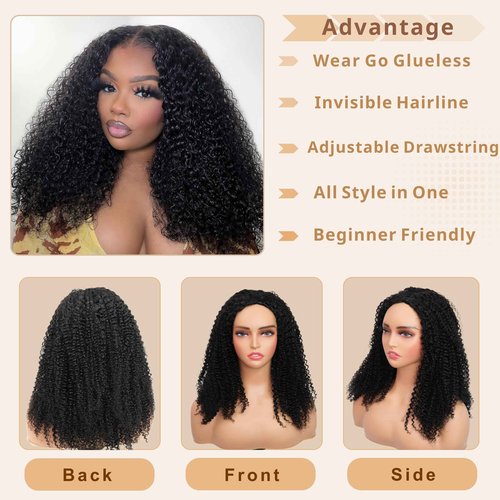 Rsshnlo Kinky Curly Half Wig Human Hair 200% Density 3 In 1 Glueless Wear and Go Kinky Curly Wig Human Hair Seamless Flip Over Wig Drawstring Headband Wig Beginner Friendly 18 Inch