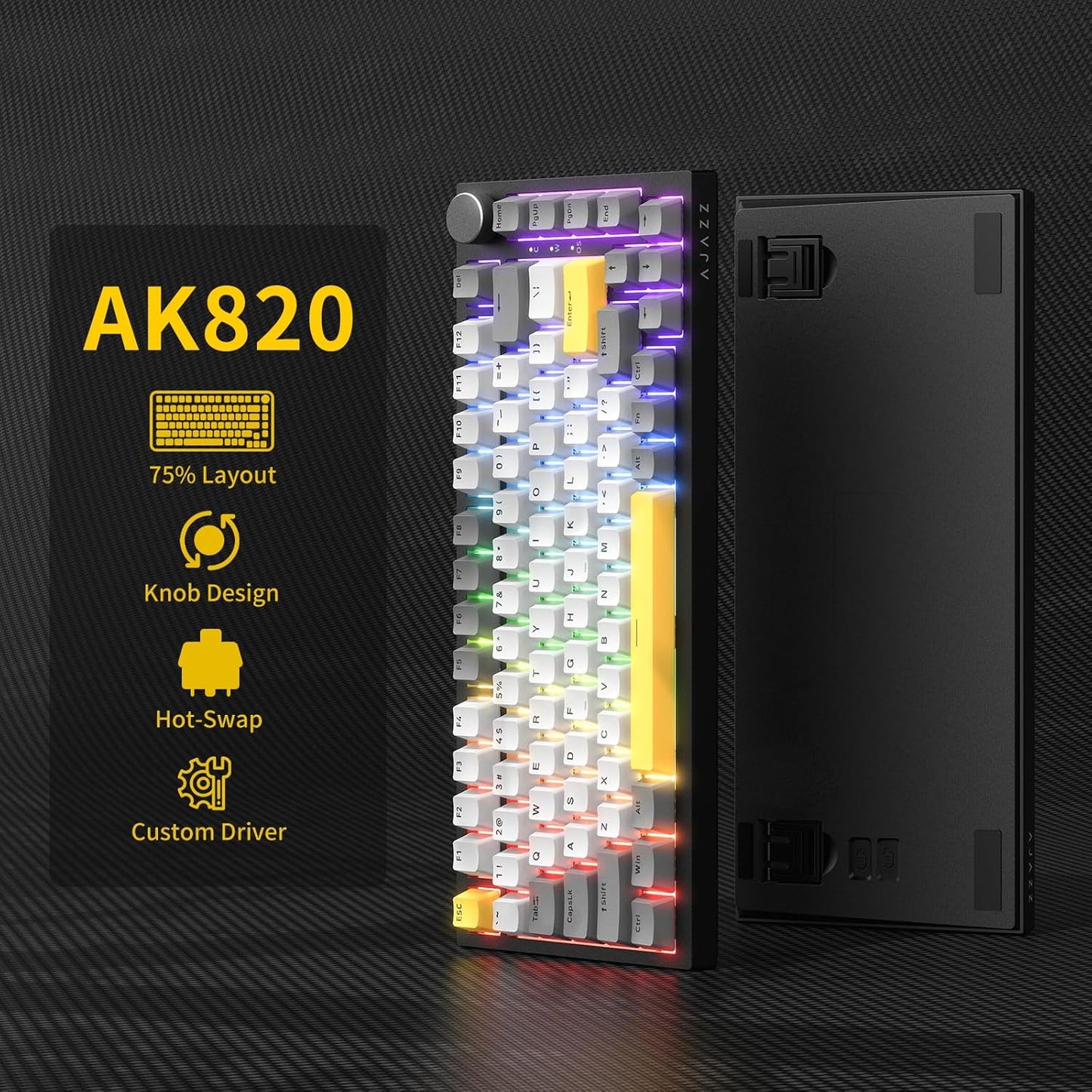 AJAZZ AK820PRO 75% Hot Swap Gasket Mount Mechanical Keyboard with TFT Display Screen, 4000mAh BT/2.4G/Wired RGB South Facing LED, MOA Profile Keycaps & Knob Control Flying Fish Switch