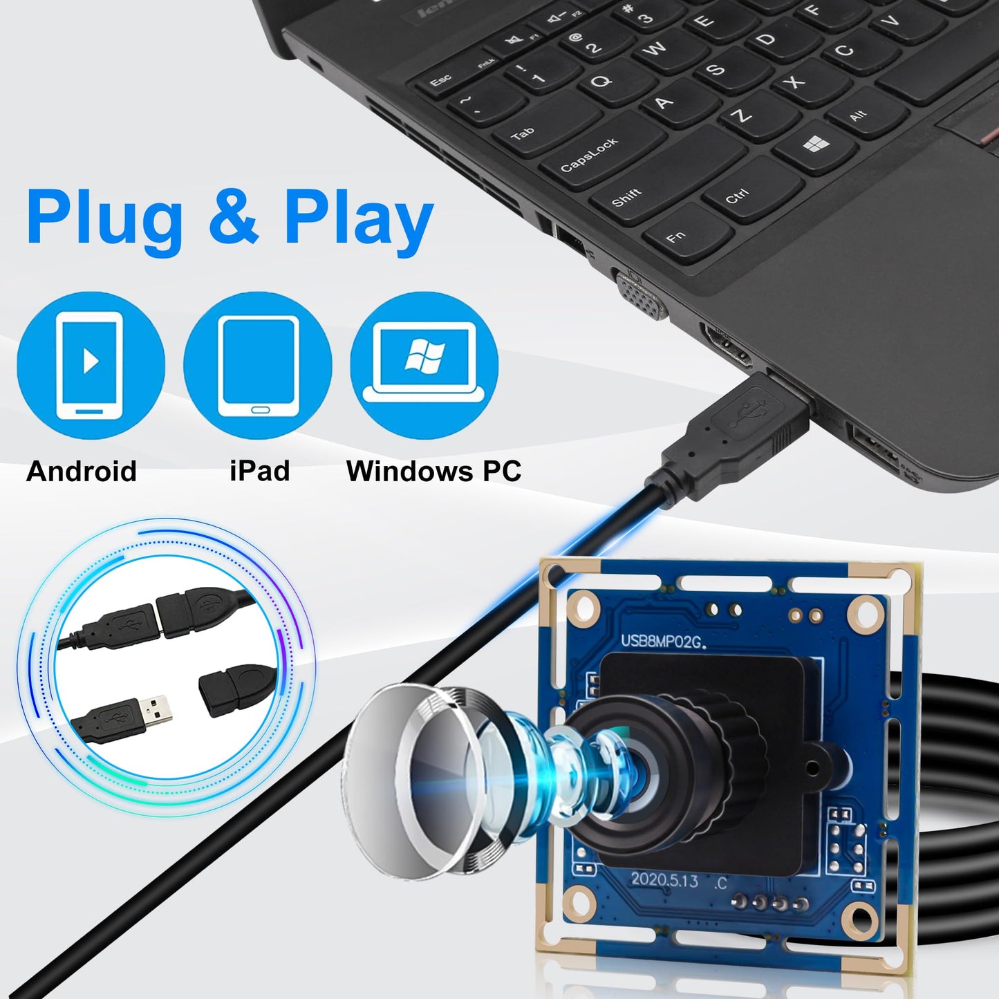 8MP USB Camera Module IMX179 3264x2448P HD Small UVC Webcam with M12 3.6mm Lens - Manual Focus Plug & Play for Lightburn 3D Printer Raspberry Pi PC Mac Linux - Industrial/Machine Vision