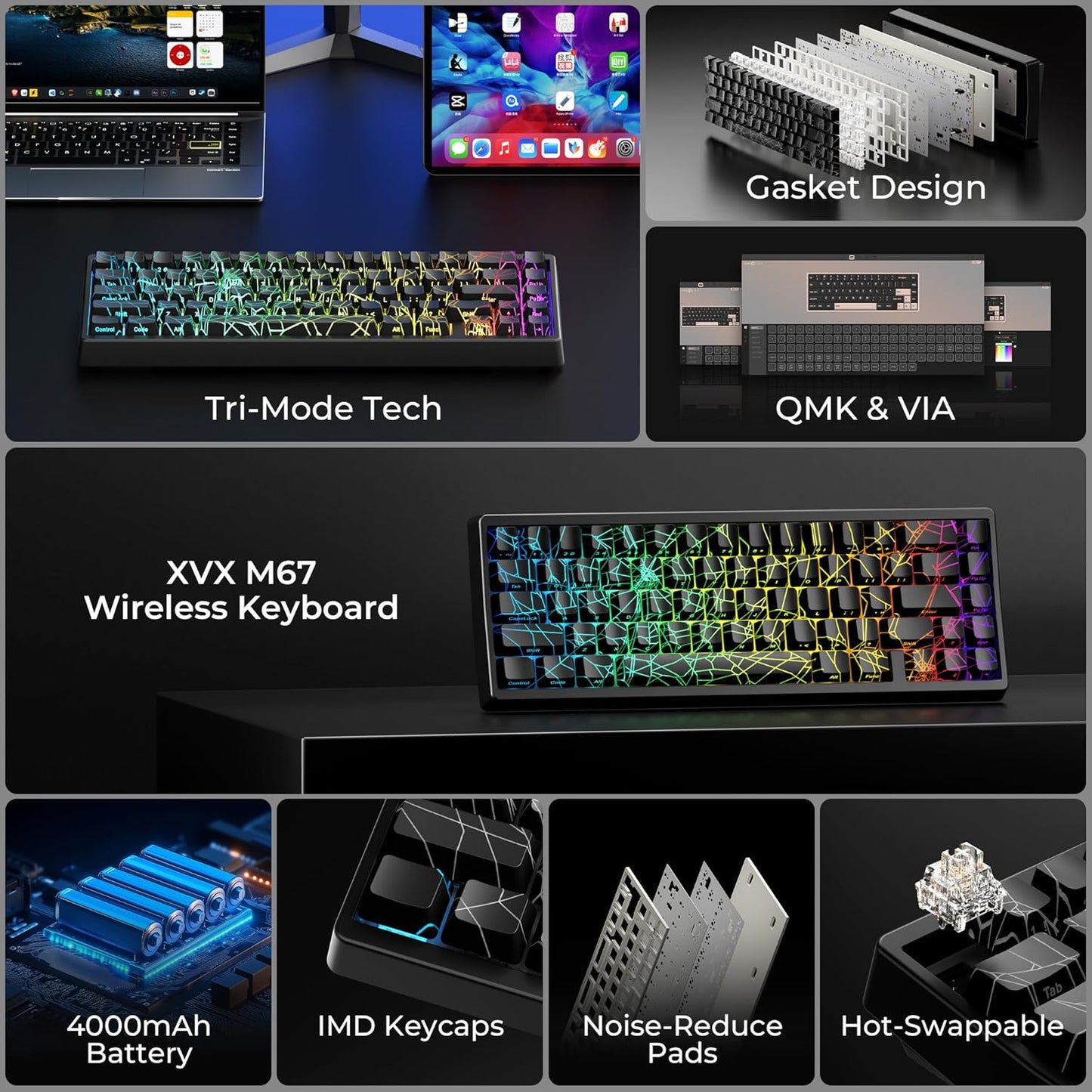 XVX M67 Wireless 60% Percent Keyboard, QMK/VIA Topographic Gaming Keyboard, Tri-Mode Thocky Creamy Mechanical Key Board, Hot Swappable Gasket Mount RGB IMD Tech for Win/Mac, Miami Theme, White