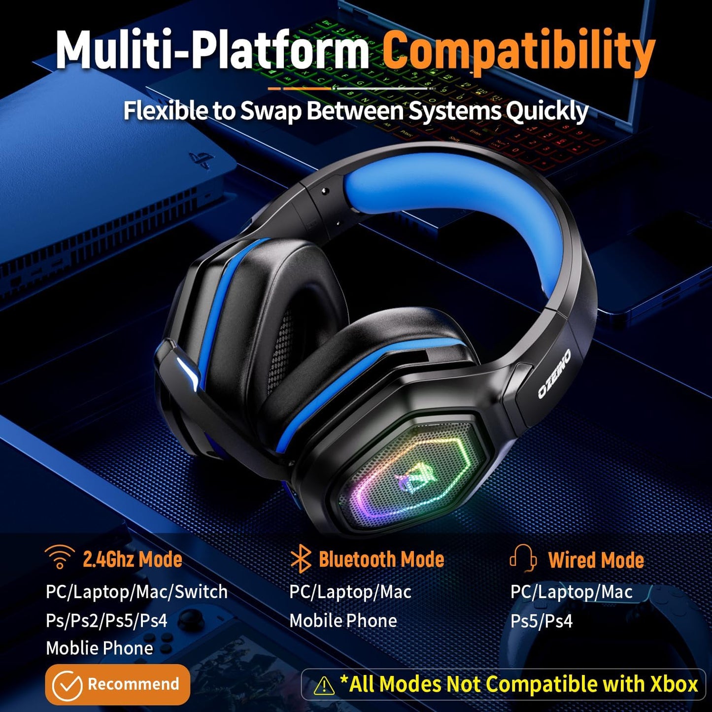 2.4GHz Wireless Gaming Headset for PC, Ps5, Ps4 - Lossless Audio USB & Type-C Ultra Stable Gaming Headphones with Flip Microphone, 40-Hr Battery Gamer Headset for Switch, Laptop, Mobile, Mac