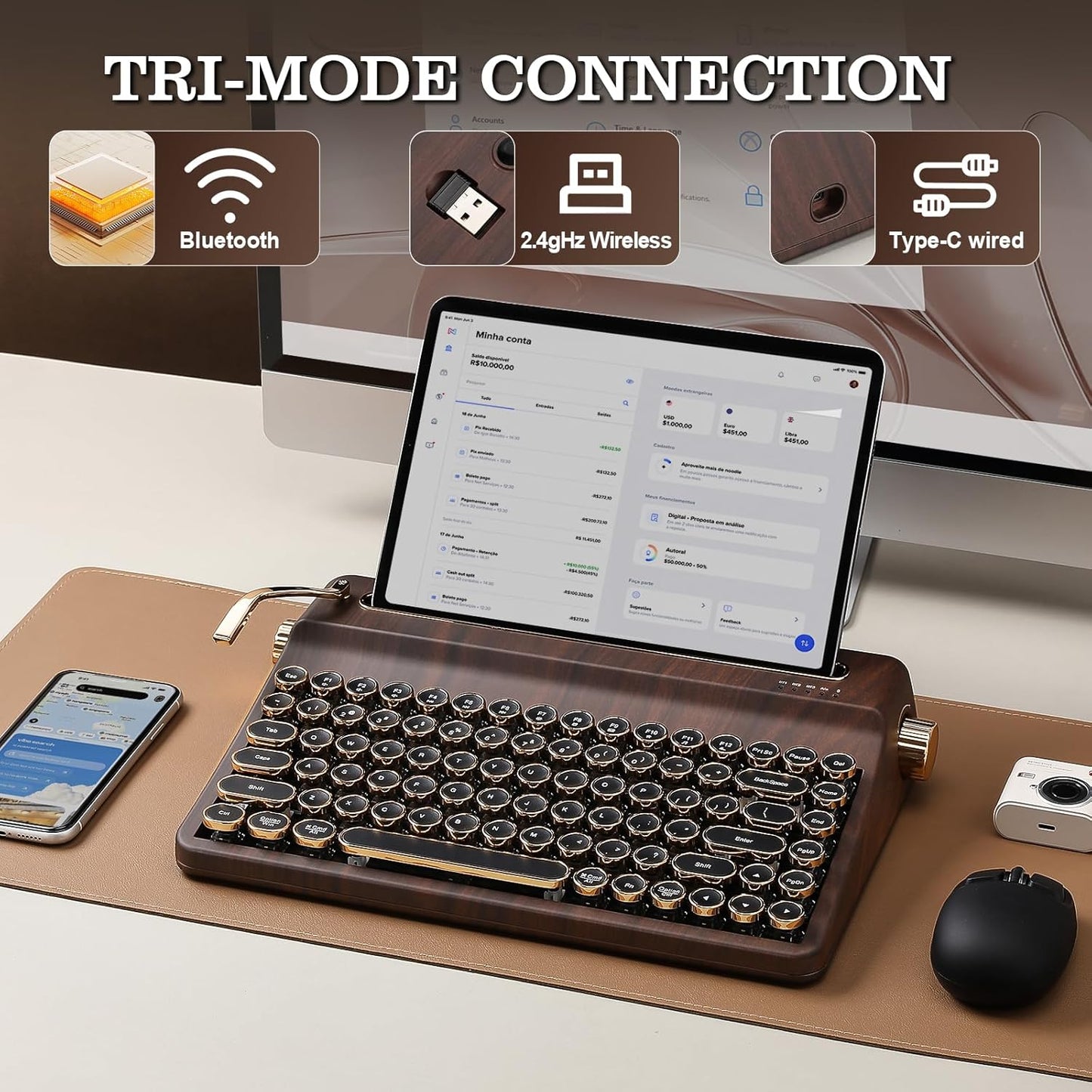 YUNZII QL75 Wireless Typewriter Hot Swap Retro Mechanical Keyboard,Punk Round Keycaps,RGB Backlit QMK/VIA Programmable, Multi-Device Keyboard with 2.4GHz/Type-C/BT5.0 (Wood, Cocoa Cream V2 Switch)