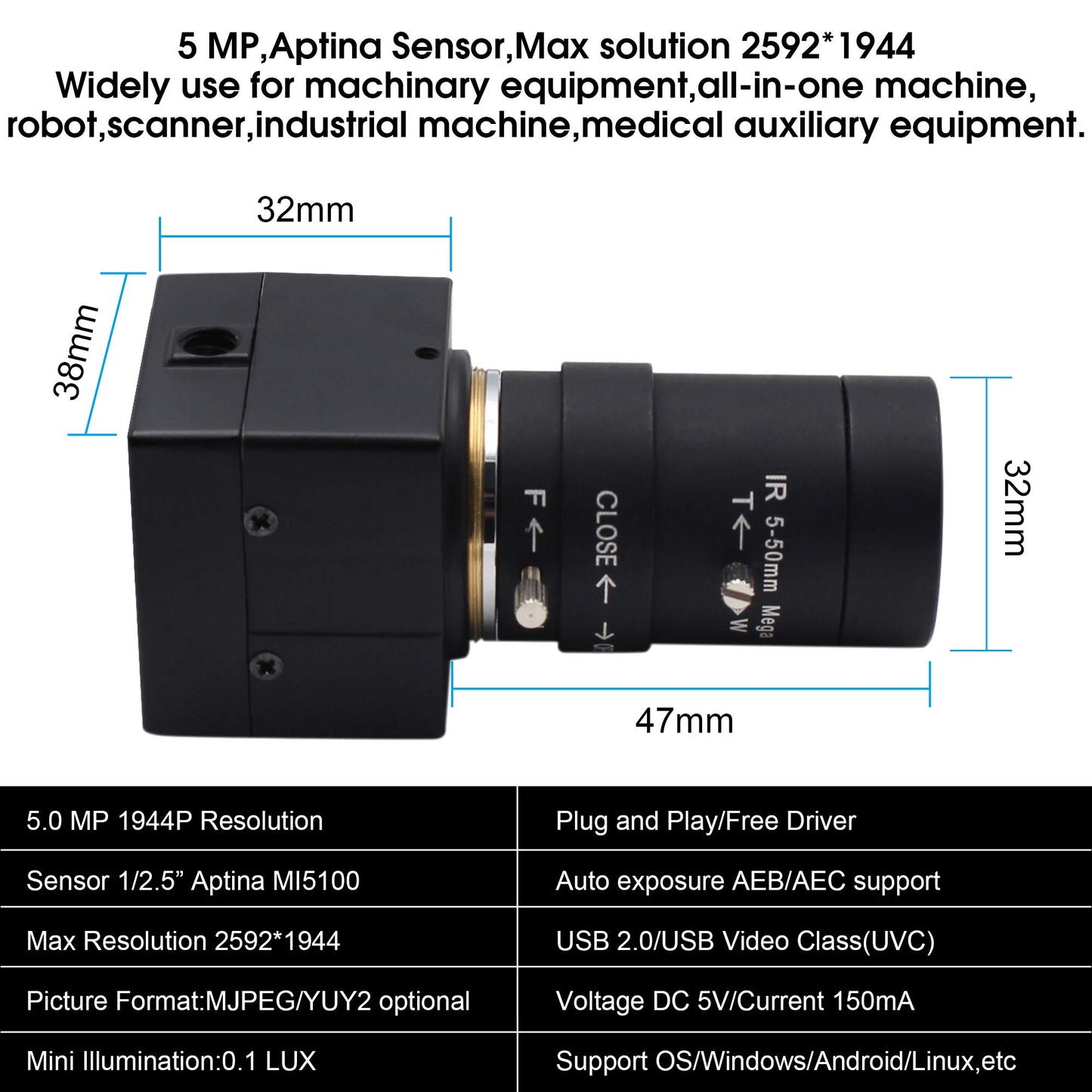 5mp USB Camera with Zoom 5-50mm Lens Webcam Variable Focus PC Camera Mini UVC USB2.0 USB with Camera for Computer Manual Zoom Close-up Camera Industrial Varifocal Web Camera for Raspberry Pi Laptop