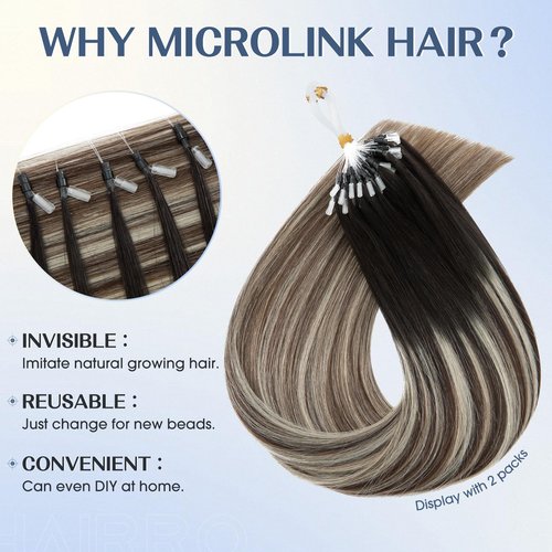 Hairro Microlink Hair Extensions For Women Remy Human Hair Bead In Pre Bonded Cold Fusion Keratin Glue Stick I Tip 20 Inch 50g 50 Strands #1BT4P60