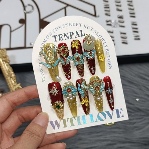 TENPAL 10Pcs Heirloom Chinese Bridal Press On Nails With Tools,Red Gold Phoenix Dragon Designs Fake Nails Long Stiletto,Full Crystals Heavy Relief Luxury Wedding Set Glue on Nails for Cheongsam(L)