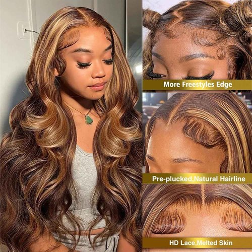 Ombre Highlight 13x6 Lace Front Wig Pre Plucked, 26 Inch 4T4/27 Honey Blonde lace frontal Wigs with Baby Hair 13x6 HD Transparent Lace Front wig Human Hair for Women Colored Real Human Hair Wigs