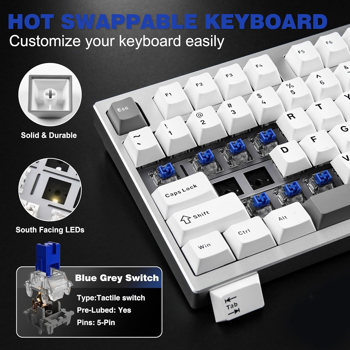 YUNZII AL75 Wireless Mechanical Gaming Keyboard,Full Aluminum CNC,75% Layout,BT/2.4G/Wired,Hot Swap,Creamy Switches,TKL Gasket,RGB Backlight,Programmable for Mac/Win (Silver, Blue Grey Switch)