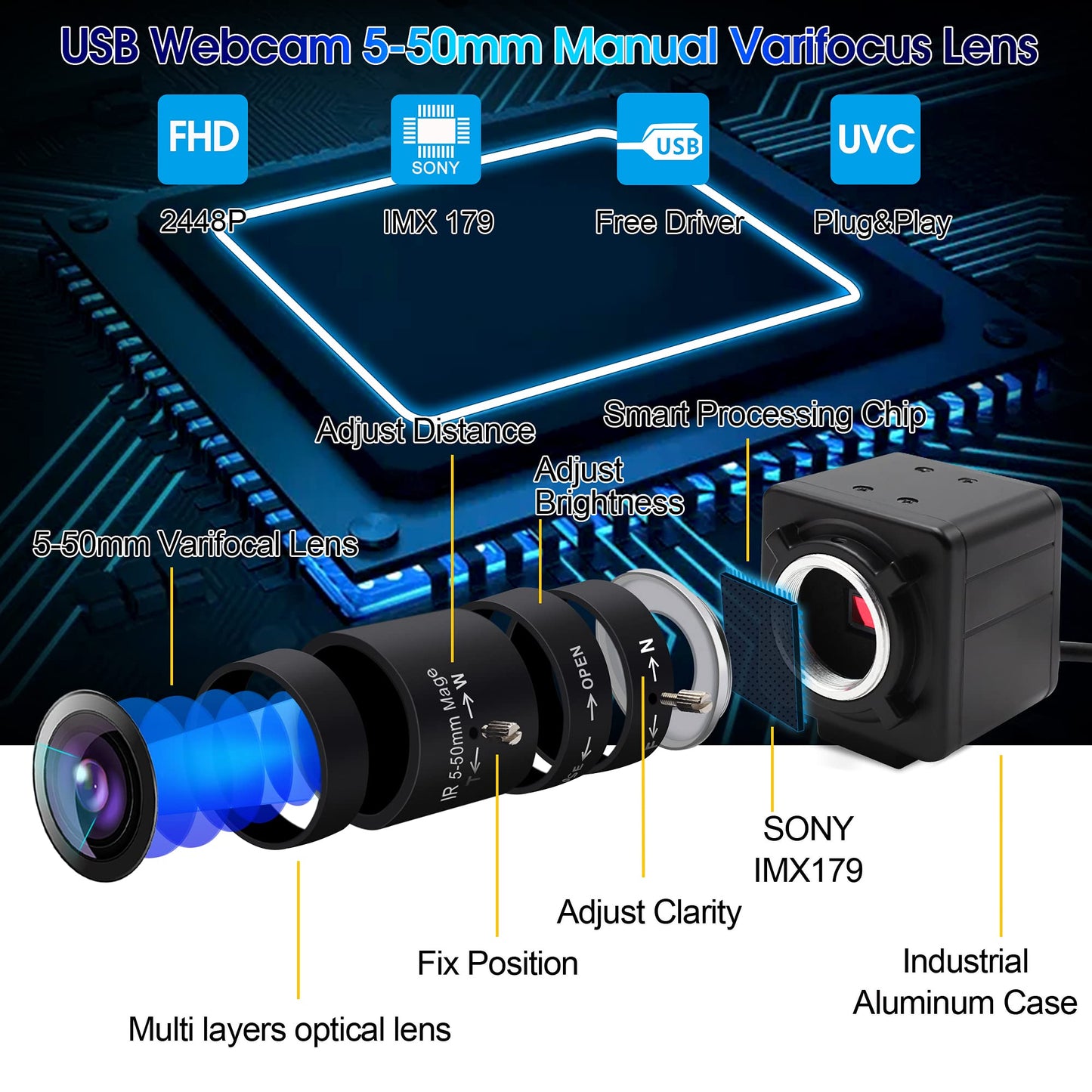 8MP USB Camera Manual Zoom 5-50mm Lens Webcam Variable Focus PC Camera Mini UVC USB2.0 USB with Camera for Computer IMX179 Close-up Camera Varifocal Web Camera Zoomable for Raspberry Pi Laptop