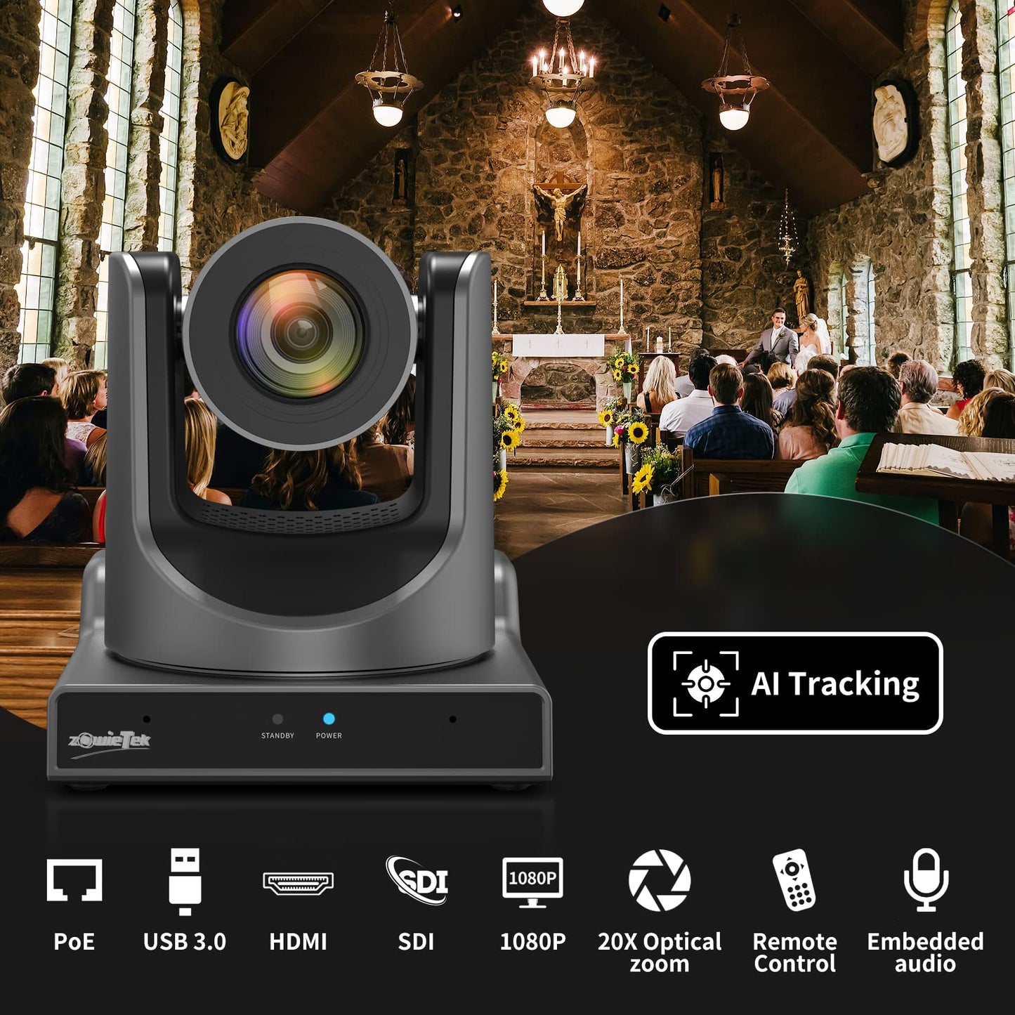 zowietek New Gen PTZ Camera PoE | AI Tracking | 20X Optical Zoom | Simultaneous SDI,HDMI and USB Outputs | IP Live Streaming for Meeting, Church, Events, Teaching