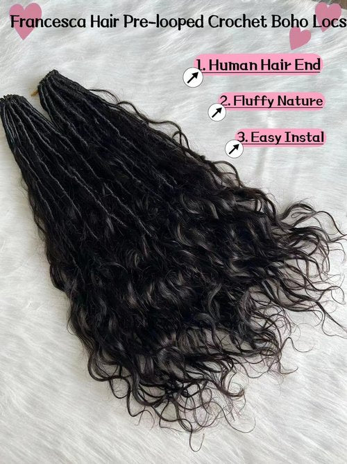 Francesca Hair Pre-looped Crochet Boho Faux Locs with Human Hair body wave Ends Boho Hair Braids Goddess Dreadlocks Hair for Black Women Natural Color 22 Inch (Pack of 1)