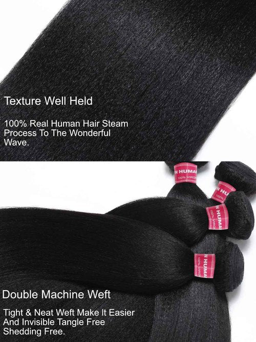 Julia Hair 12A Yaki Straight Human Hair 3 Bundles 8 10 12 Inch Unprocessed Virgin Real Human Hair Weave Extensions for Women Clip in Kinky Straight Human Hair Bundles Natural Black