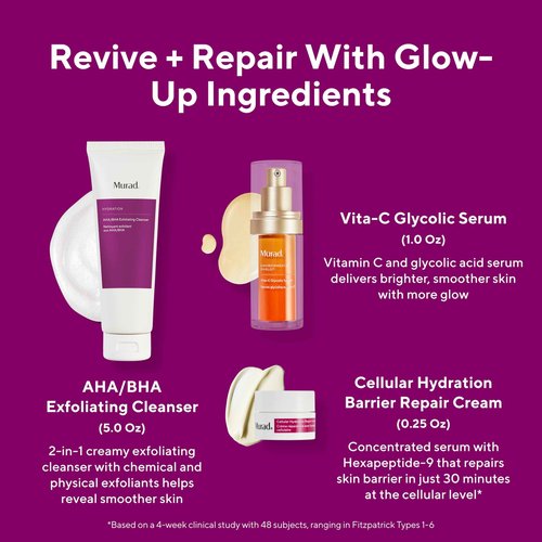 Murad Revive + Repair w/Glow Up Ingredients - 3-Piece Set ($135 Value) - Regimen for Total Skin Health - AHA/BHA Cleanser 5.0Fl Oz, Glycolic Serum 1.0Fl Oz, Cellular Hydration Cream 0.25Fl Oz